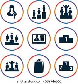 podium icons set. Set of 9 podium filled icons such as ranking, shopping bag, woman speaker