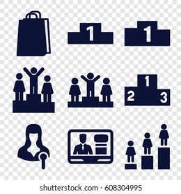 Podium icons set. set of 9 podium filled icons such as ranking, shopping bag, woman speaker