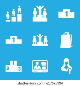 Podium icons set. set of 9 podium filled icons such as ranking, shopping bag, woman speaker