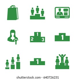 Podium icons set. set of 9 podium filled icons such as ranking, shopping bag, woman speaker