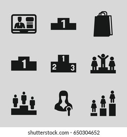 Podium icons set. set of 9 podium filled icons such as ranking, shopping bag, woman speaker