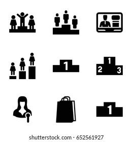 Podium icons set. set of 9 podium filled icons such as ranking, shopping bag, woman speaker