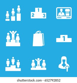 Podium icons set. set of 9 podium filled icons such as ranking, shopping bag, woman speaker