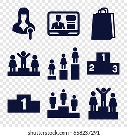 Podium icons set. set of 9 podium filled icons such as ranking, shopping bag, woman speaker