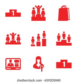 Podium icons set. set of 9 podium filled icons such as ranking, shopping bag, woman speaker