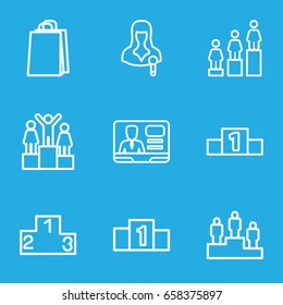 Podium icons set. set of 9 podium outline icons such as ranking, shopping bag, woman speaker