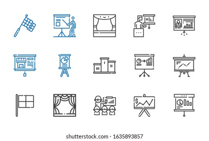 podium icons set. Collection of podium with presentation, stage, racing. Editable and scalable podium icons.