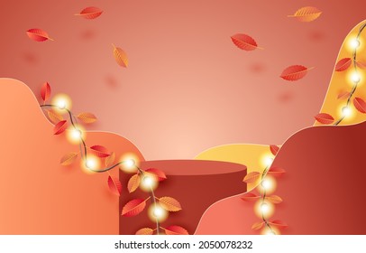 Podium idea. Product display geometric platform. autumn theme background. stage to show cosmetic products. Stage showcase on pedestal modern 3d autumn leaves studio platform. For online sale, advert.