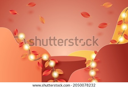 Podium idea. Product display geometric platform. autumn theme background. stage to show cosmetic products. Stage showcase on pedestal modern 3d autumn leaves studio platform. For online sale, advert.