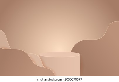 Podium idea. Product display and paper cut wave shape. brown coffee  tone. Design for advertising, stage show cosmetic product, online sale and web banner. Showcase on pedestal 3D Vector illustration.