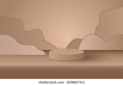 Podium idea. Product display and paper cut wave shape. brown color tone. Design for advertising, stage show cosmetic product, online sale and web banner. Showcase on pedestal 3D Vector illustration.