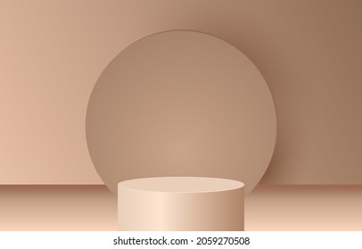 Podium idea. Product display and paper cut wave shape. brown color tone. Design for advertising, stage show cosmetic product, online sale and web banner. Showcase on pedestal 3D Vector illustration.