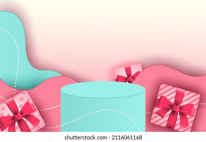 Podium idea. Product display and valentines day theme. Pink tone. Design for advertising, stage show cosmetic product, online sale and presentation. Showcase on pedestal 3D Vector illustration.