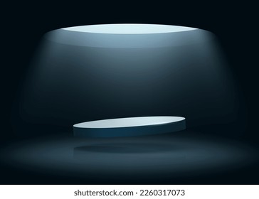 A podium illuminated by a beam of light in the dark from a hole above. Free space for your product.