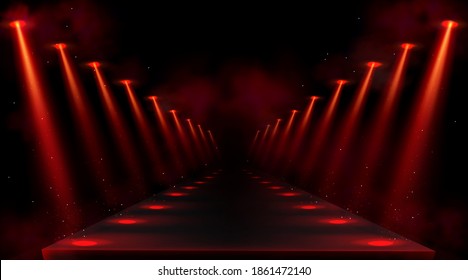 Podium illuminated by red spotlights. Empty platform or stage with beams of lamps and spots of light on floor. Vector realistic interior of dark hall or corridor with projectors rays and smoke