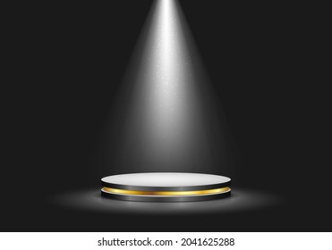 Podium illuminated by spotlights on dark background. Empty pedestal for award ceremony or presentation. Vector illustration.
