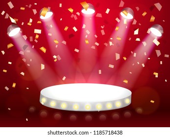 Podium illuminated with rays of light. Falling Confetti. Vector illustration.