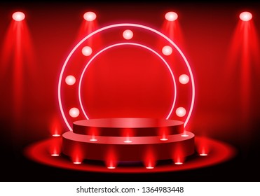 Podium illustration vector  Stage podium with lighting  Stage Podium Scene with for Award Ceremony on red Background