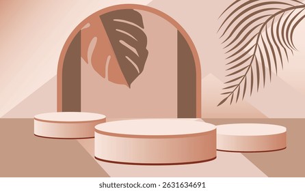 Podium image banner mockup design with tropical plant elements for premium  product display and ads templates background
