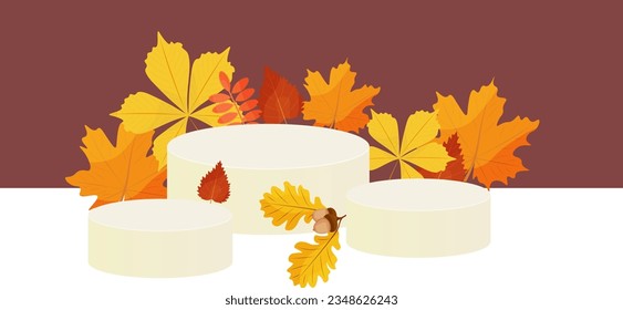 A podium layout with red and yellow leaves of the autumn season. vector illustration.