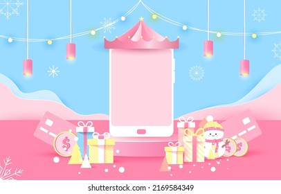Podium, light bulb, snowflakes, snow, Christmas Day, smartphone, money, credit card, snowman, gift box, party, paper cut and craft style. vector art and illustration. blue and pink background. 