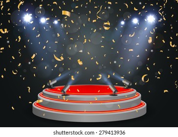 Podium with light and confetti 