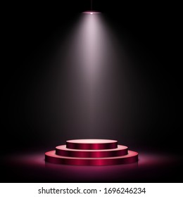 Podium with lighting. Scene with for award ceremony on dark background. Vector illustration. Empty pedestal.