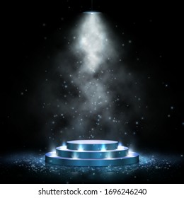 Podium with lighting. Scene with for award ceremony on dark background. Vector illustration. Empty pedestal.