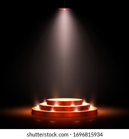 Podium with lighting. Scene with for award ceremony on dark background. Vector illustration. Empty pedestal.