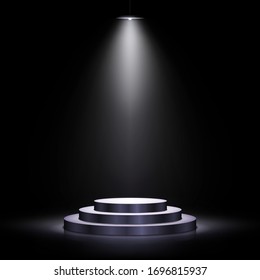 Podium with lighting. Scene with for award ceremony on dark background. Vector illustration. Empty pedestal.