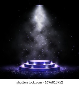 Podium with lighting. Scene with for award ceremony on dark background. Vector illustration. Empty pedestal.