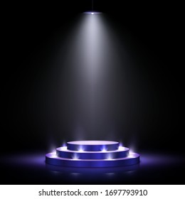 Podium with lighting. Scene with for award ceremony on dark background. Vector illustration. Empty pedestal.