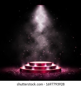 Podium with lighting. Scene with for award ceremony on dark background. Vector illustration. Empty pedestal.