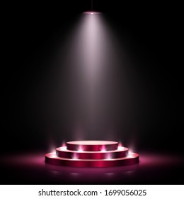 Podium with lighting. Scene with for award ceremony on dark background. Vector illustration. Empty pedestal.