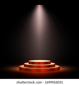 Podium with lighting. Scene with for award ceremony on dark background. Vector illustration. Empty pedestal.