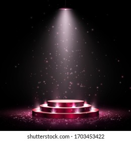 Podium with lighting. Scene for award ceremony on dark background. Vector illustration. Empty pedestal.