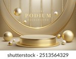 Podium luxury background. Gold 3d podium. Modern, trendy design with decorative metallic balls.