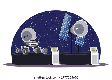 Podium with mars rover and space satellite. Science exhibition in astronomy museum design interior. Modern interactive information stand. Vector illustration of study of galaxy, solar system