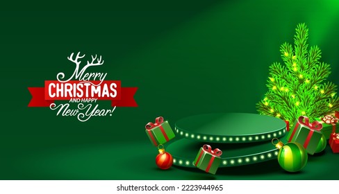 Podium merry Christmas. shopping new year banner. Vector illustration