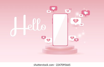Podium with message icon and paper hearts and word hello. Paper art Vector illustration. Concept of love, happiness, sending messages, applications, relationships