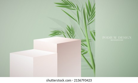 Podium minimal with leaf plant  on green background , 3D stage podium display product , stand to show cosmetic products ,illustration 3d Vector EPS 10