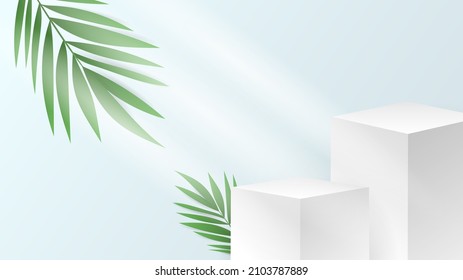 Podium minimal with palm plant  on blue background , 3D stage podium display product , stand to show cosmetic products ,illustration 3d Vector EPS 10