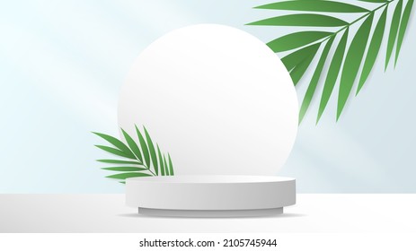 Podium Minimal With Palm Tree Abstract Background , 3D Stage Podium Display Product , Stand To Show Cosmetic Products ,illustration 3d Vector EPS 10