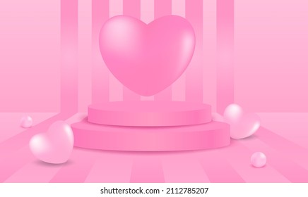 Podium mock-up banner Valentine and love concept.  Pink hearts on pink background. Design for product, branding, and packaging presentation. vector.