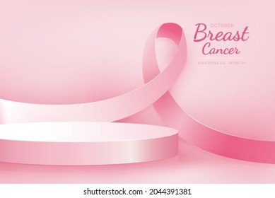 Podium mockup for product display with breast cancer awareness ribon in pink background