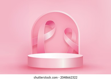 Podium mockup for product display with breast cancer awareness ribons in pink background