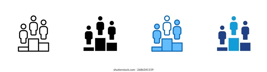 Vector de diseño de íconos de estilo múltiple de podio: Personas en un podio que representan la competencia, el ranking y el éxito