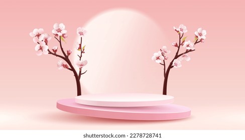 Podium nature presentation, season banner beauty, sakura holiday event. Vector illustration