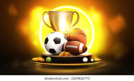 Podium with neon circle on background, champion cup, gold coins and sport balls in orange blurred scene