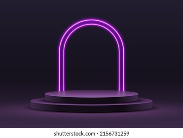 Podium with neon light arch for premium product presentation. Podium stage with neon arches. Minimal scene with podium, Vector illustration.